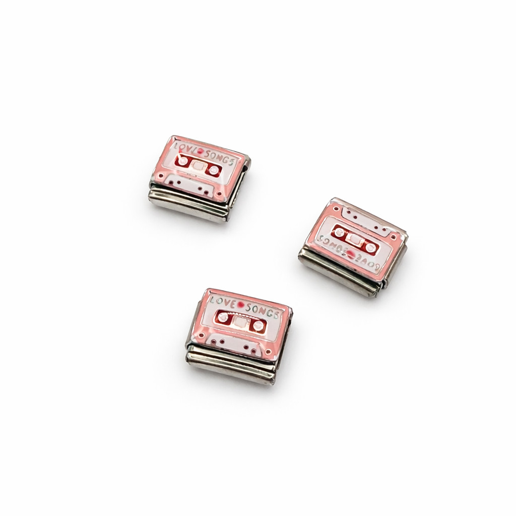 Italian Charm Link 9mm Silver Pink Retro Cassette Tape Love Songs Fit Nomination