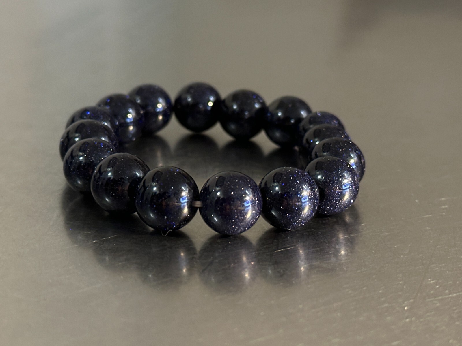 Blue Goldstone Bracelet Beaded Stretch Blue Sandstone Rounded 6 inch