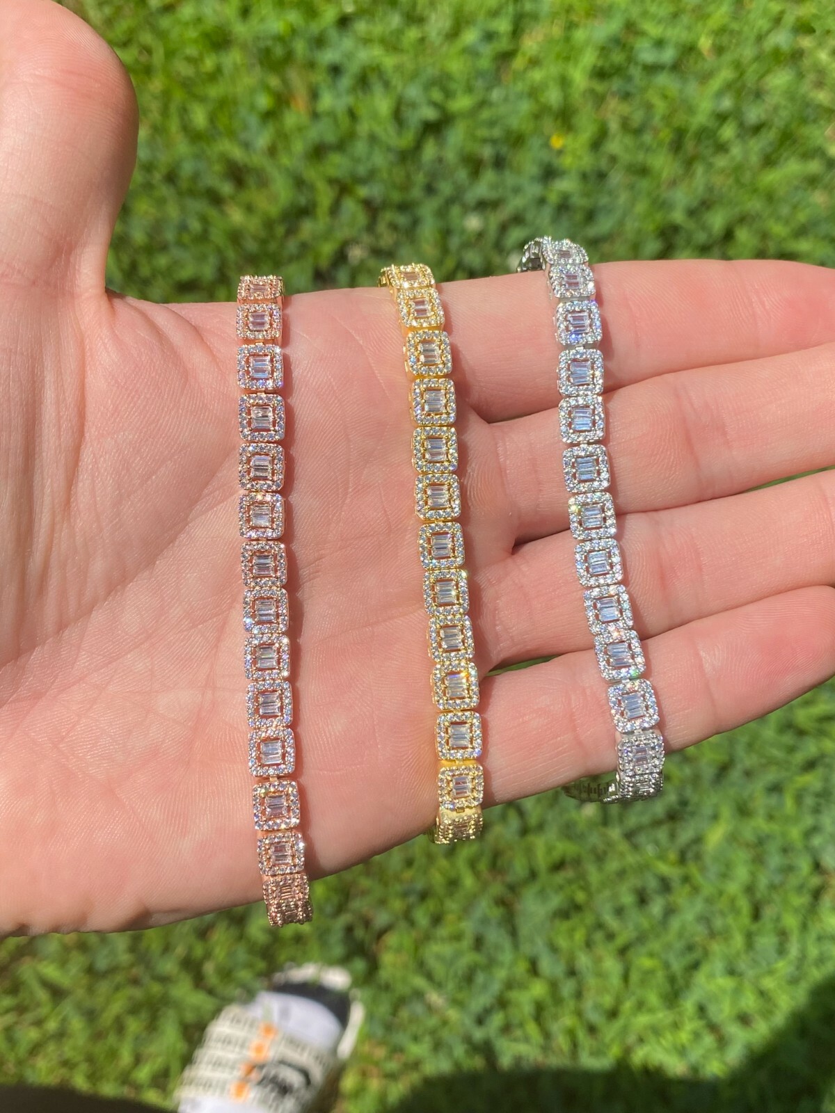 Real 925 Silver Yellow Rose Gold Plated Square Cluster Bracelet Baguette CZ