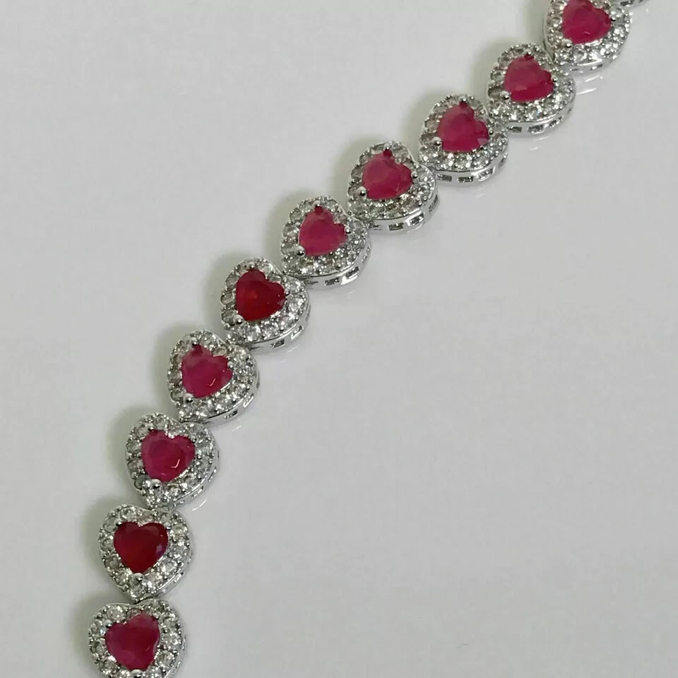 8 Ct Heart Simulated Ruby 14K White Gold Plated Halo Heart Women Tennis Bracelet