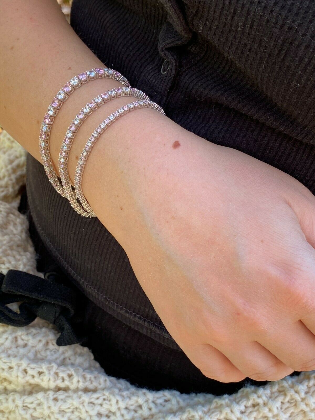 Tennis Bracelet SOLID 925 Sterling Silver Single Row Hip Hop CZ Pink Stone