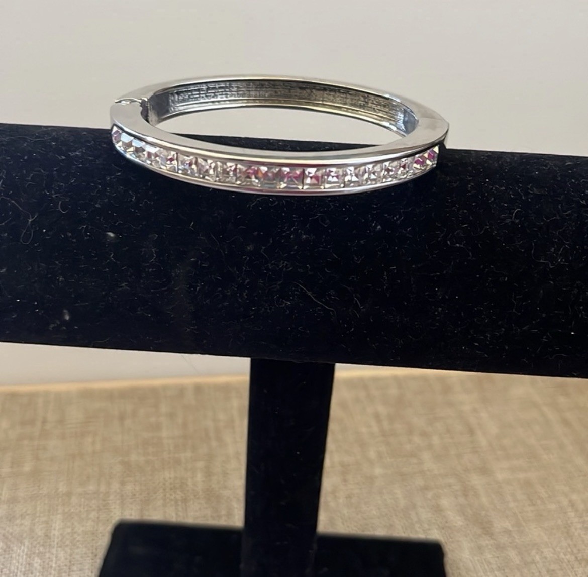 Silver Tone Stainless Steel Hinged Bangle Bracelet Channel-Set Square Crystals