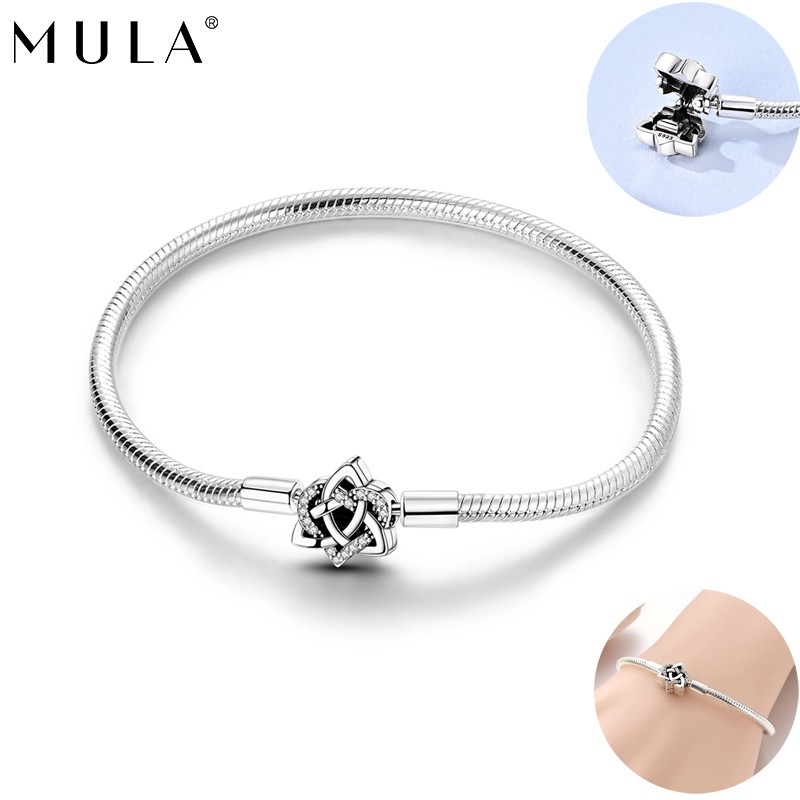 MULA European 925 Silver CZ Heart Clasp Snake Bracelet For Women Charm Jewelry