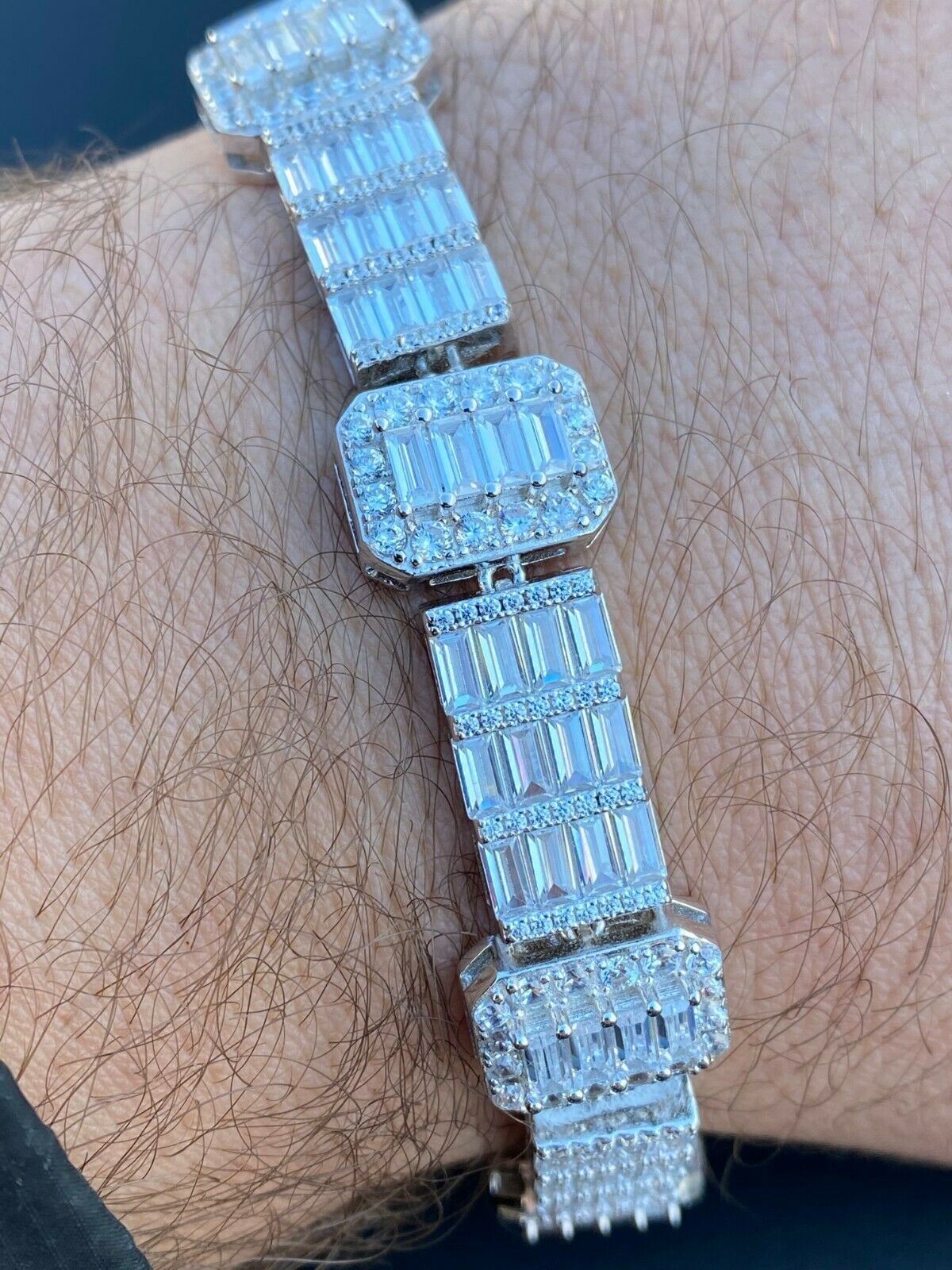 Men’s Real Solid 925 Sterling Silver Baguette Bracelet Iced CZ Flooded Out