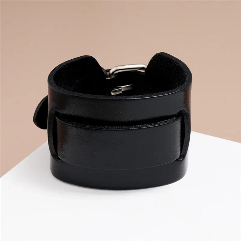 **Men’s Punk Vintage Genuine Leather Bracelet – Wide Brown Black Cuff Wristband