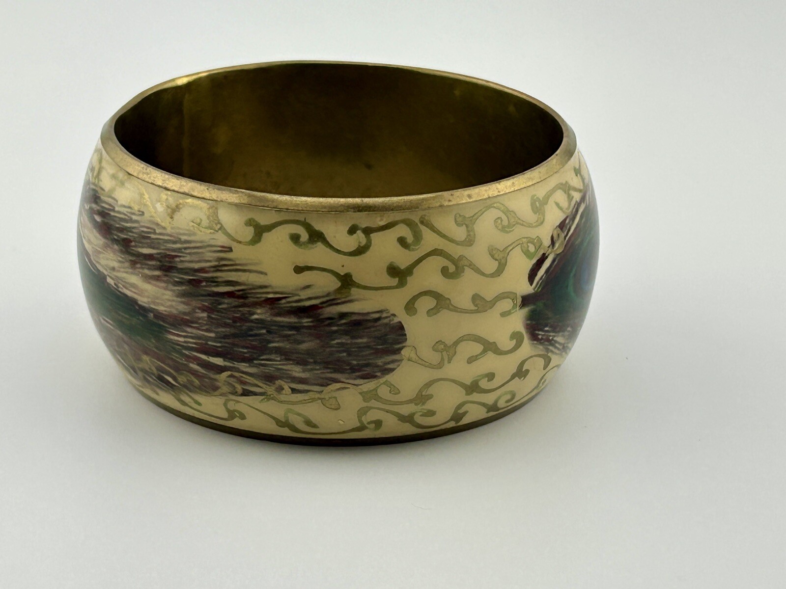 8” Hand Painted Silver on Ivory Brass Bangle Bracelet Peacock Feather 1½” Thick