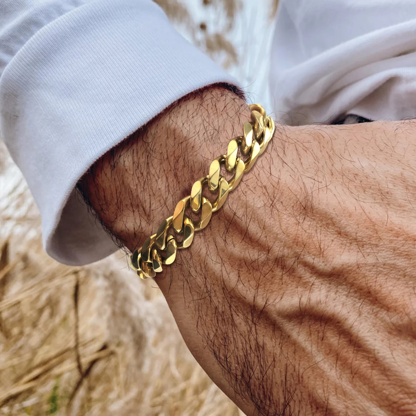 14K Gold Plated Figaro Chain Bracelet Thick Hip Hop Men Heavy Duty Wrist Jewelry