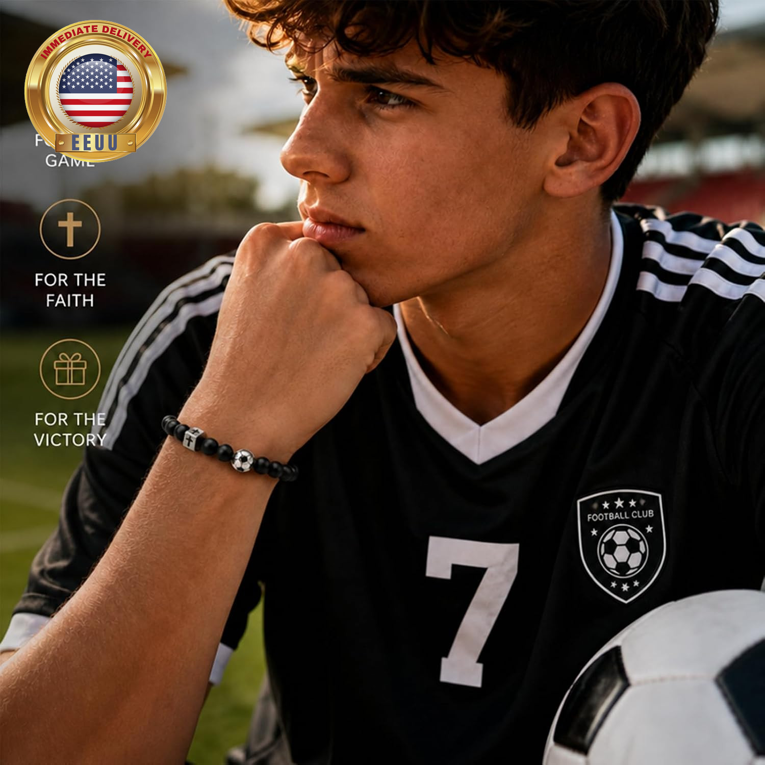 Soccer Cross Beaded Bracelet for Men Boys, Adjustable Black Obsidian & Nylon Cor