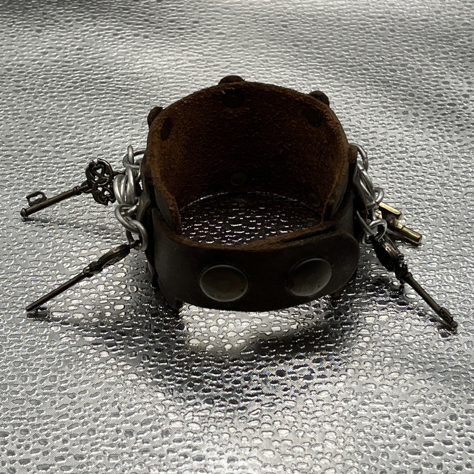 Steampunk Leather Bracelet With Chain And Skeleton Key Charms