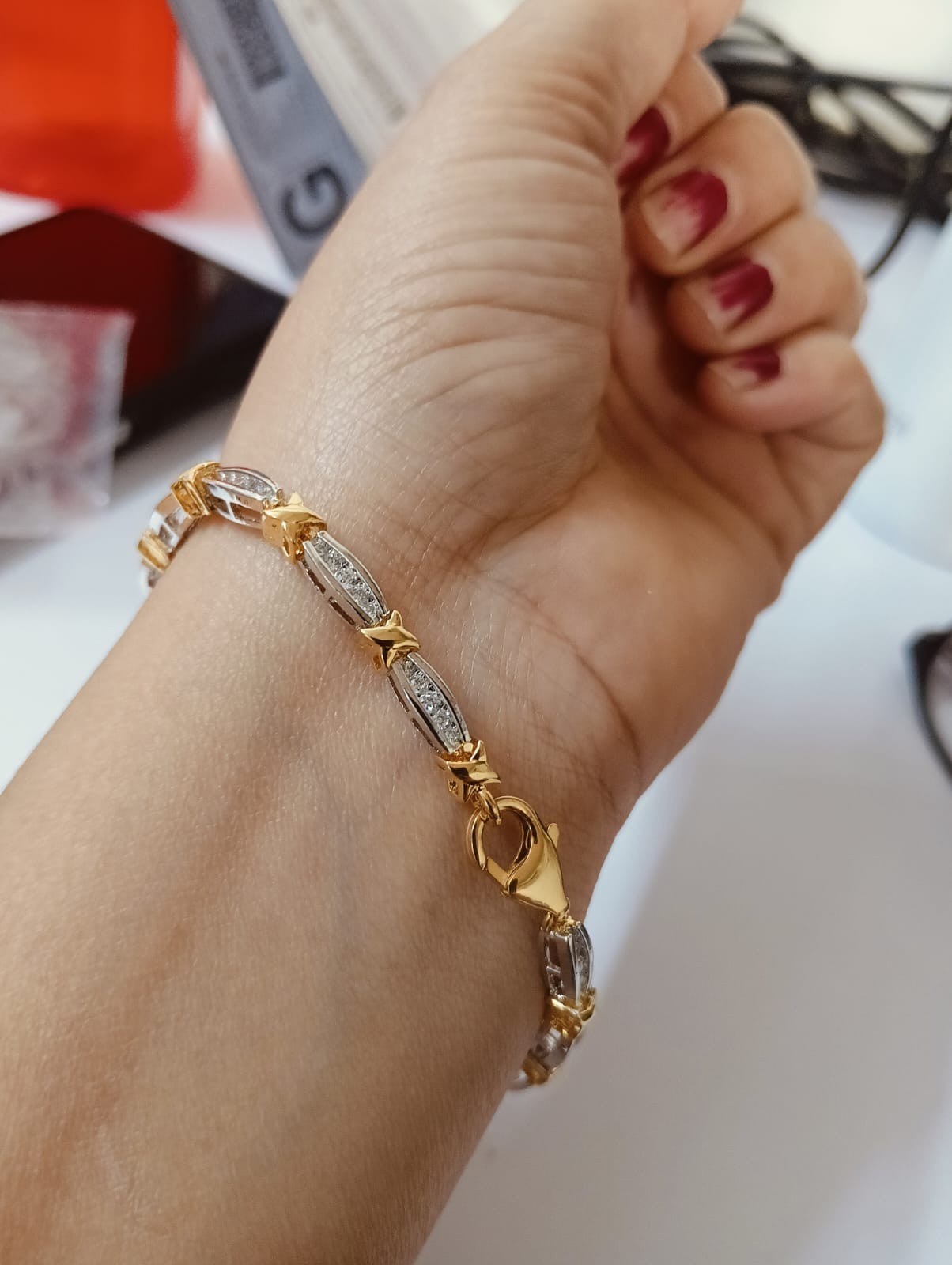 2CT Simulated Diamond “X” link Tennis Bracelet White & Yellow Gold Plated Silver