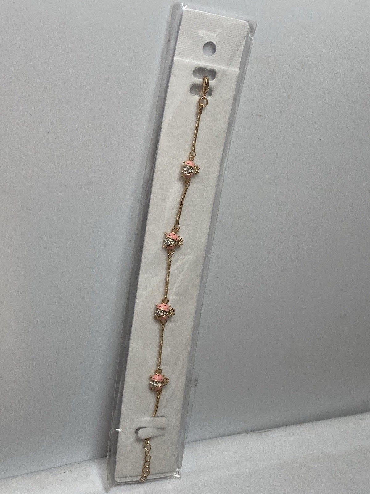 18k Gold GP Enamel & Cubic Zirconia PINK LADYBUGS Bracelet 7 – 8 in