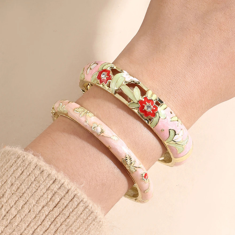 2 PCS Enameled Bracelets For Women Vintage Hollowed Small Flower Cloisonne