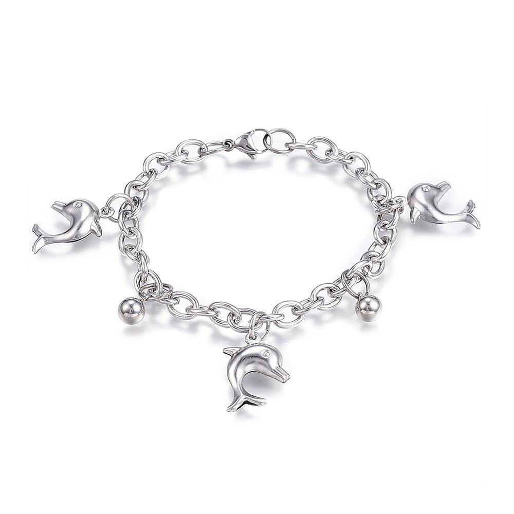 304 Stainless Steel Charm Bracelet Dolphin Silver7.5″ Inch 6mm Z72