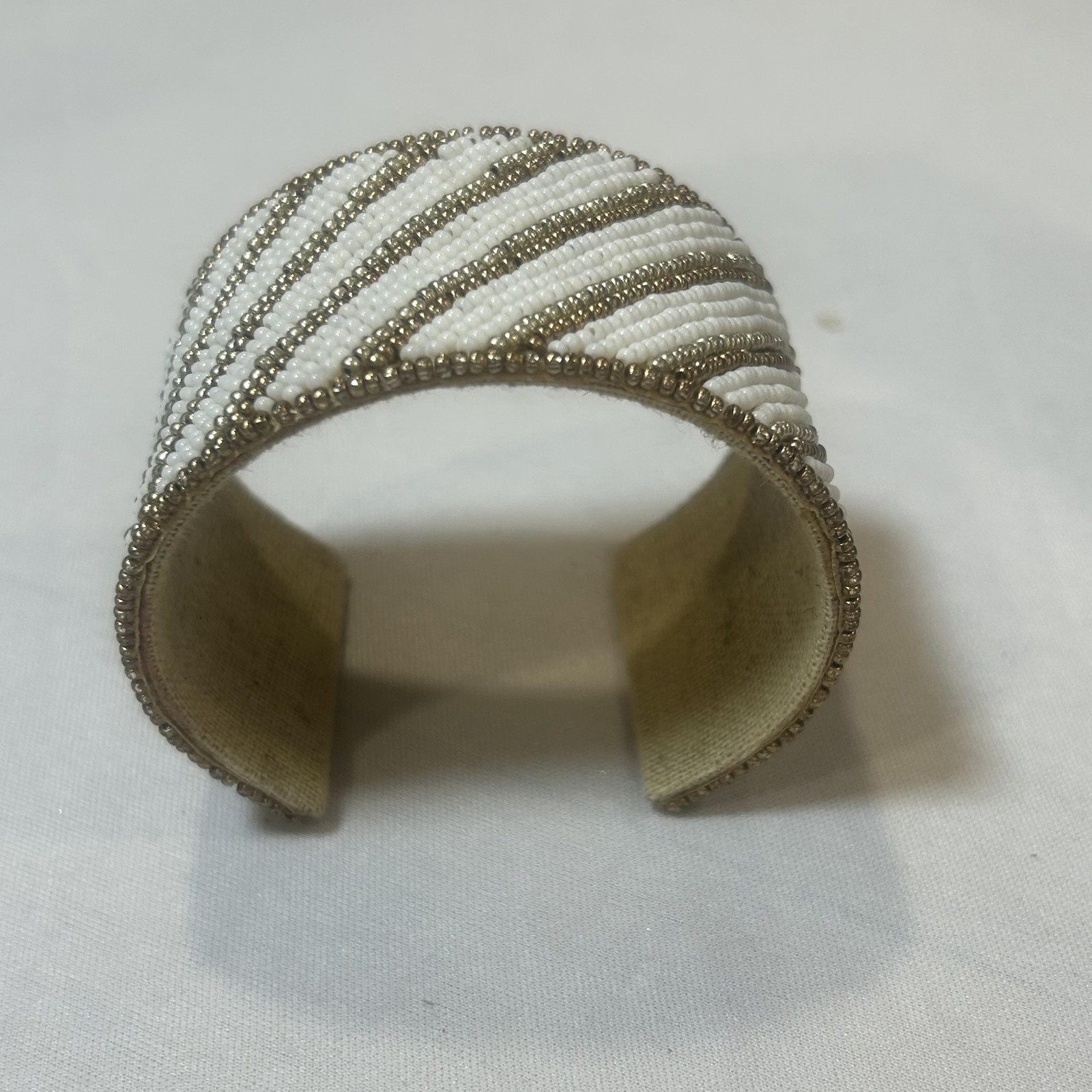 Bracelet White Beaded Cuff Womens Diagonal Stripe Boho Fashion Statement Jewelry