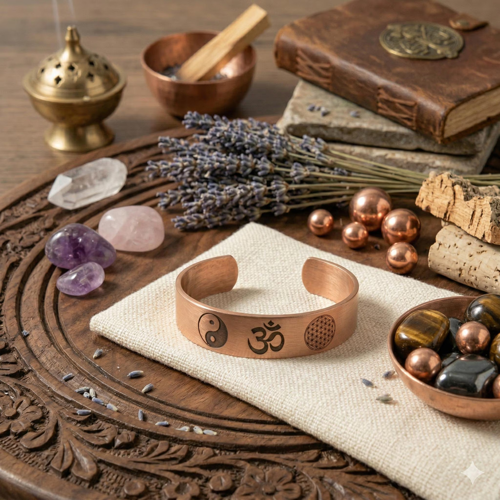Pure Copper Spiritual Om + Yin Yang + Flower of Life Cuff – Handmade Boho Gift
