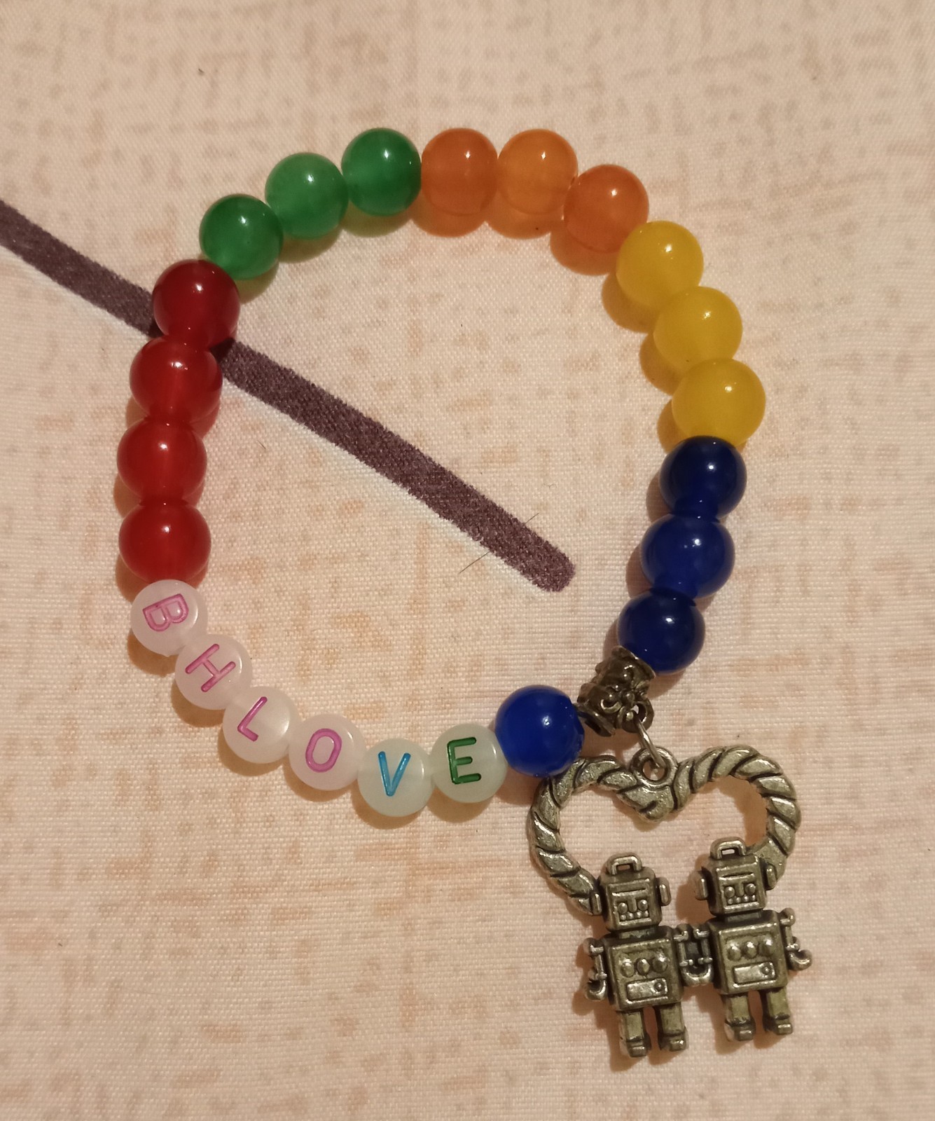 Handmade 8mm Glass BH Love Stretch Bracelet With A Silver Robot Charm