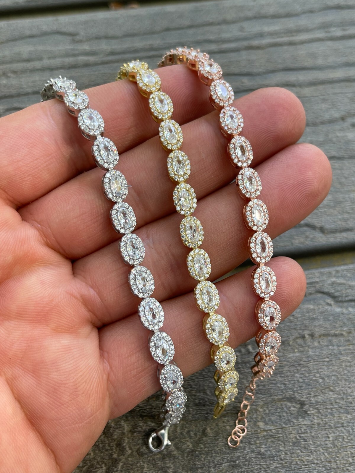 Real 925 Silver Yellow Rose Gold Plated Oval Tennis CZ Flower Ladies Bracelet