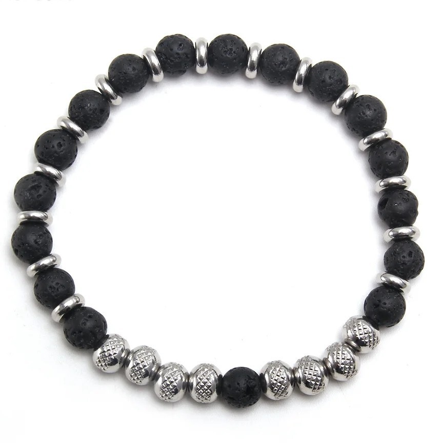 Charm Natural Stone Bracelet Black Lava Beaded Elastic Steel Bracelets Handmade