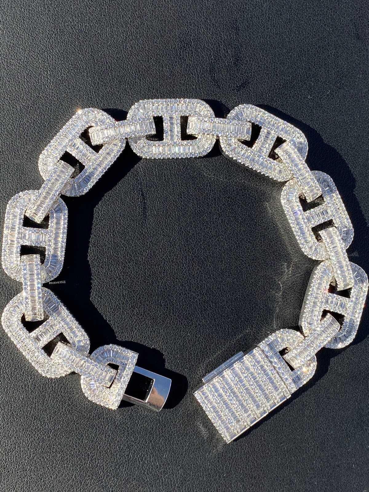 Men’s Solid 925 Silver Baguette Gucci Link Bracelet CZ Thick Flooded Out 15mm