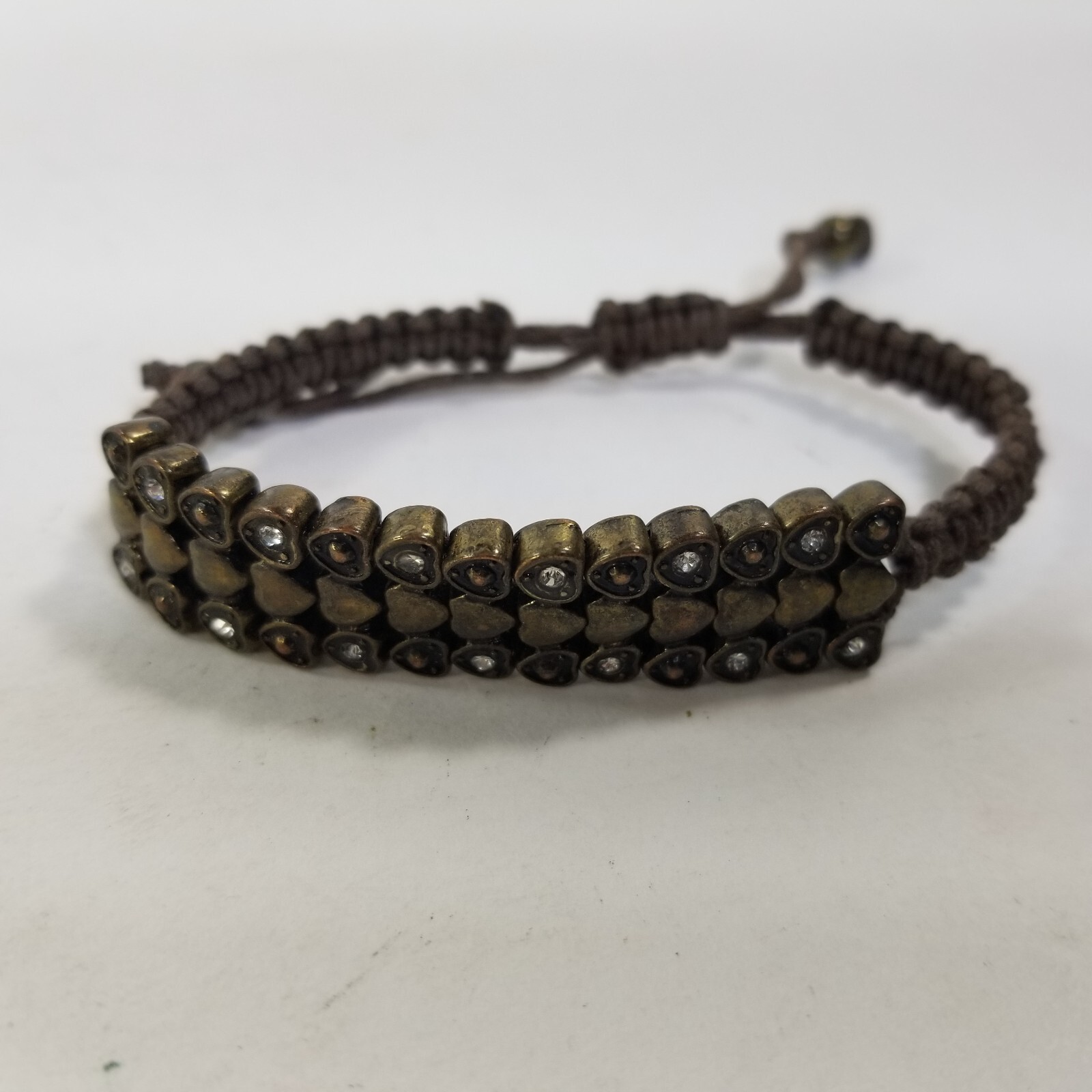 Bracelet Brown Cord String w/ Heart & Rhinestones