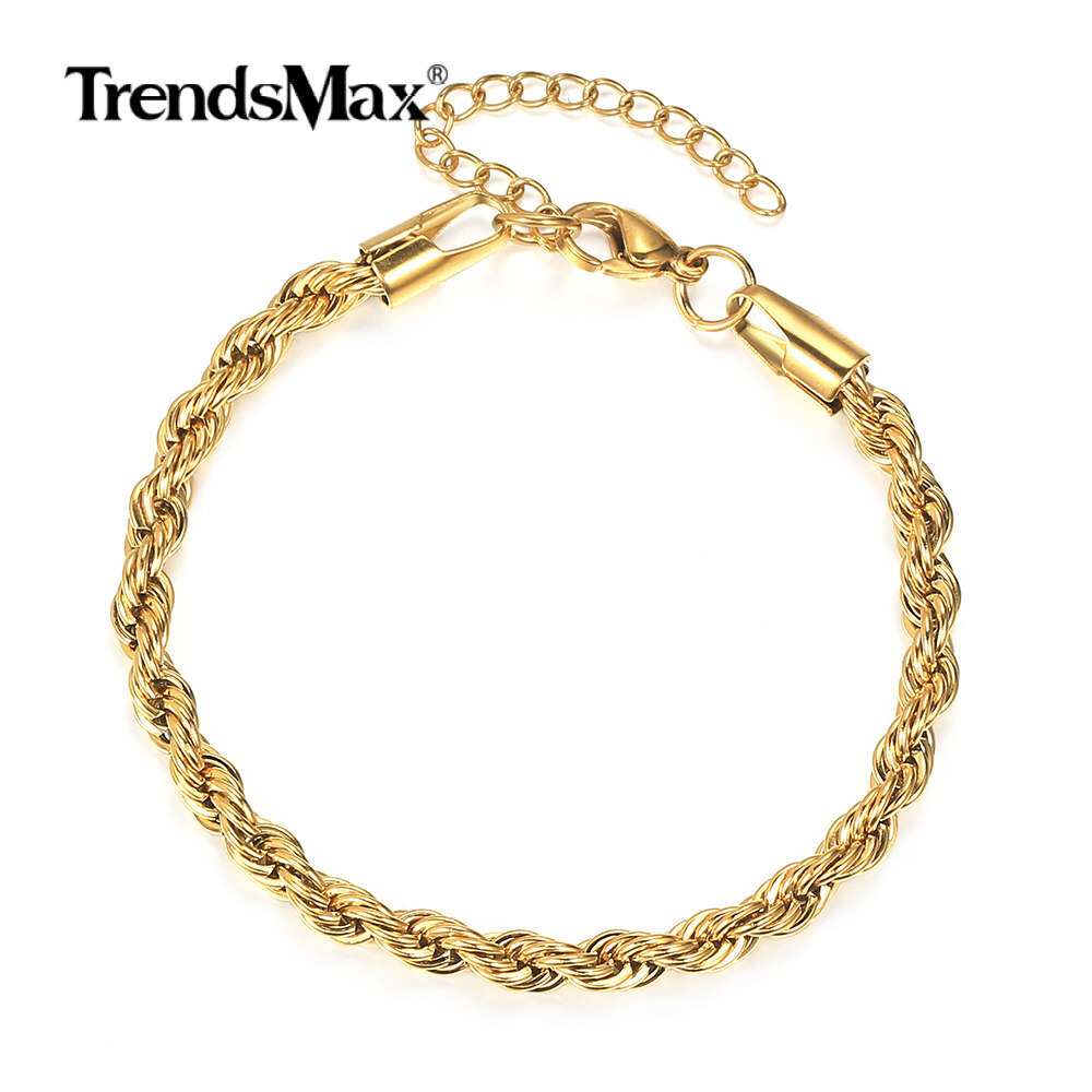 5mm Gold Plated Stainless Steel Rope Link Chain Bracelet Anklet 7+2″ Extender