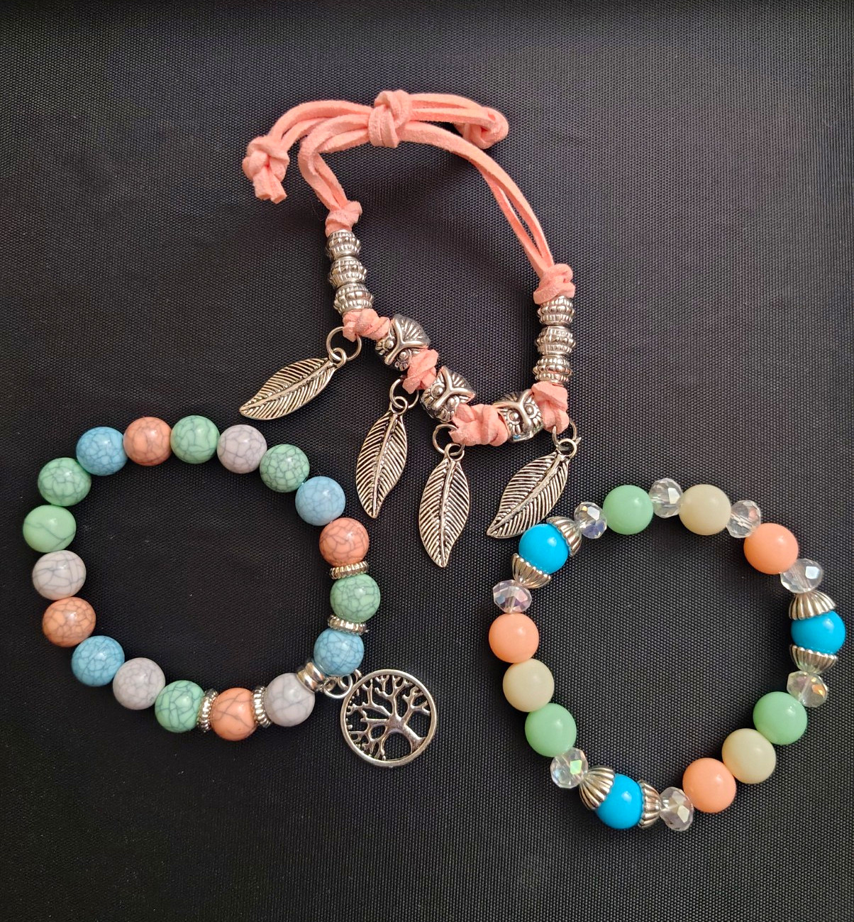 Multicolor Beaded Charm Bracelet Set Tree of Life Leaf Dangle Adjustable