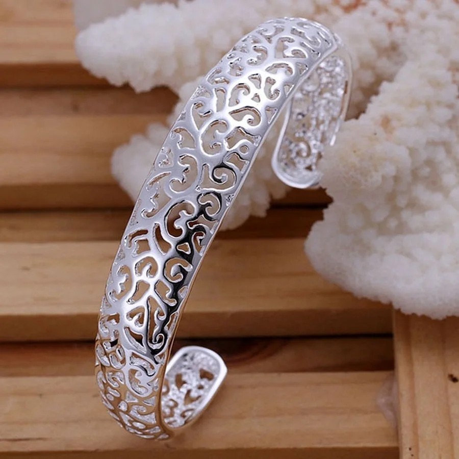 925 Sterling Silver Open Cuff Bangle Bracelet Round Women Fashion Jewelry Gift