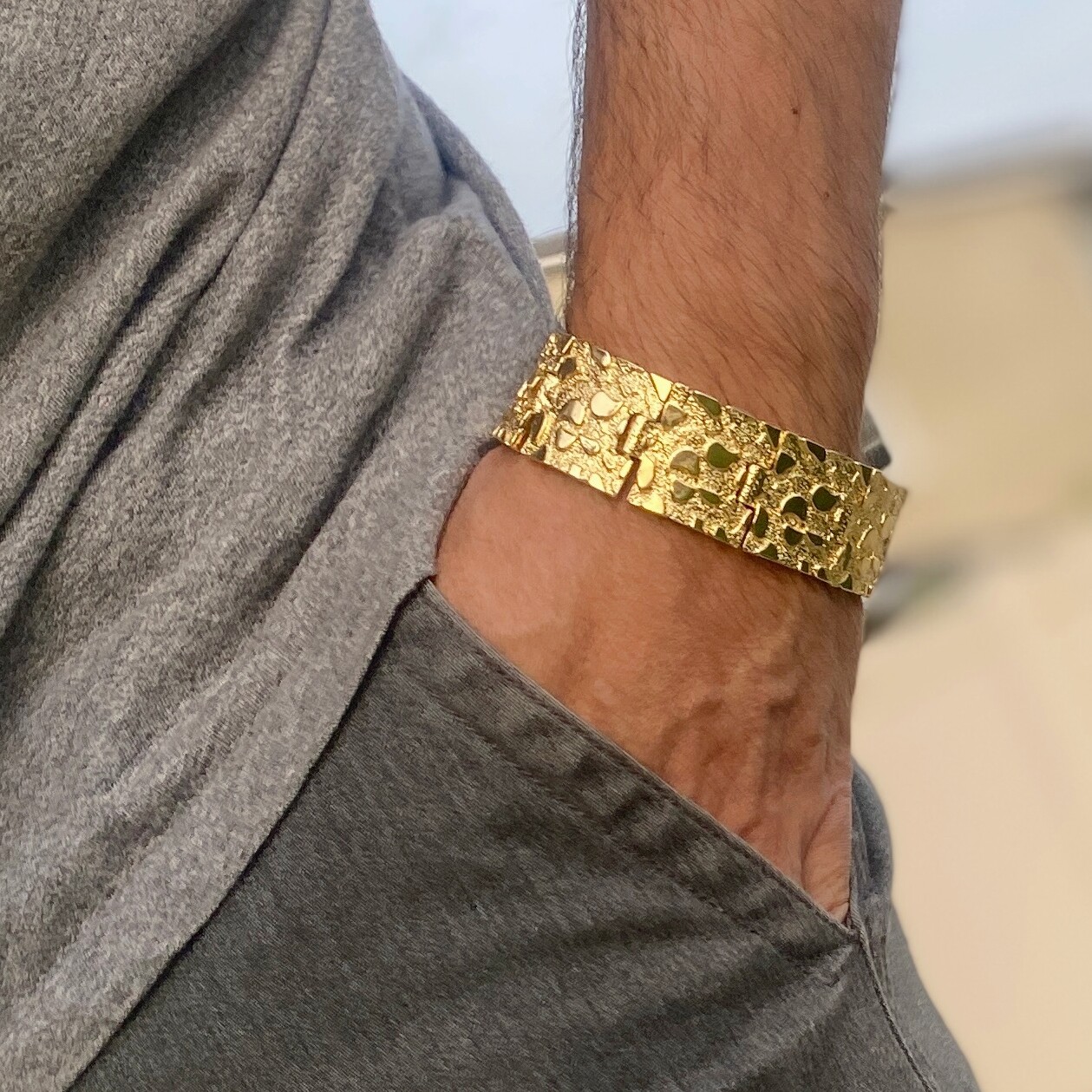 Men’s 14K Gold Plated “Gold Nugget” Heavy Hip Hop Bracelet Big 24MM Thick 8″ in