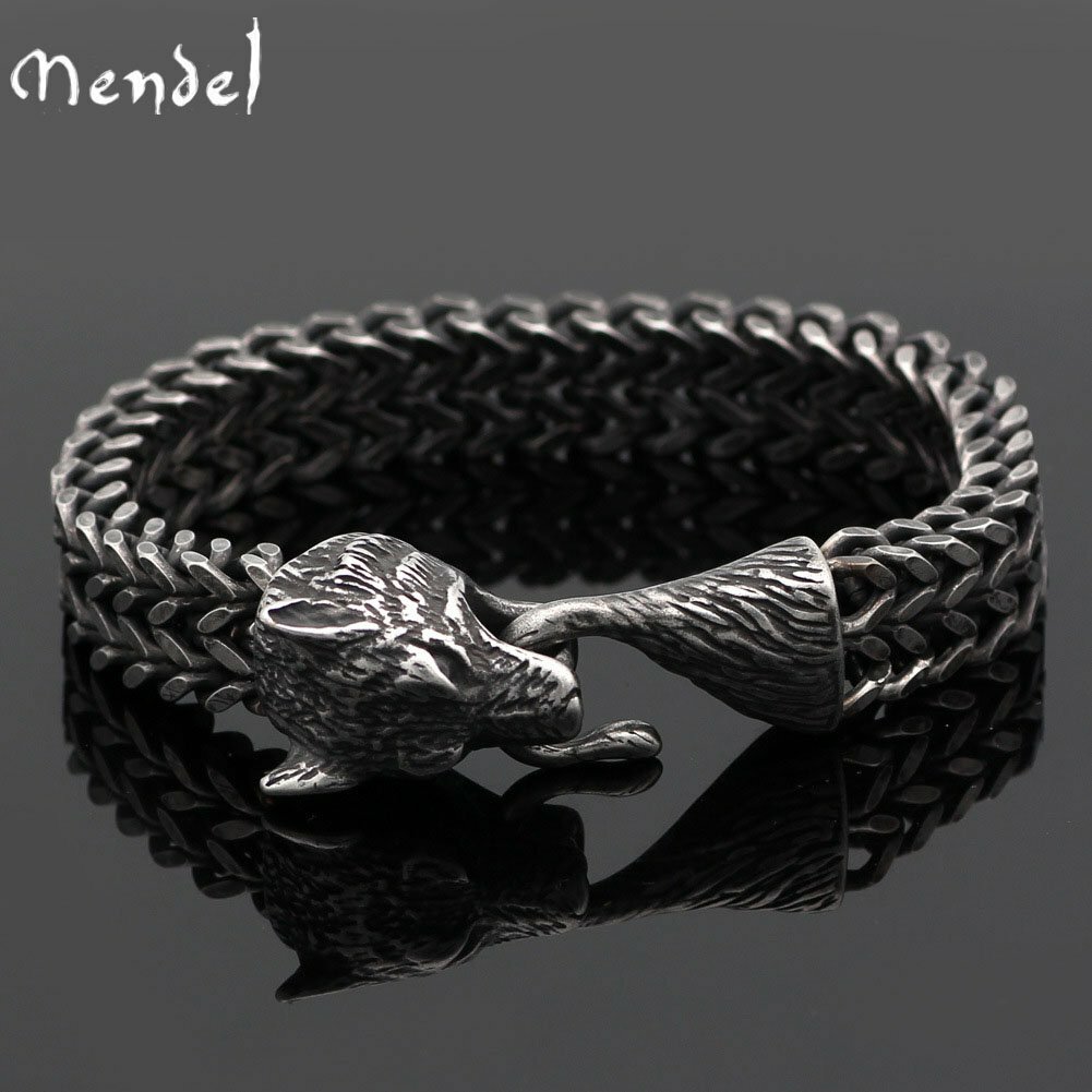 MENDEL 8 Inch Mens Black Stainless Steel Viking Fenrir Wolf Head Bracelet Men