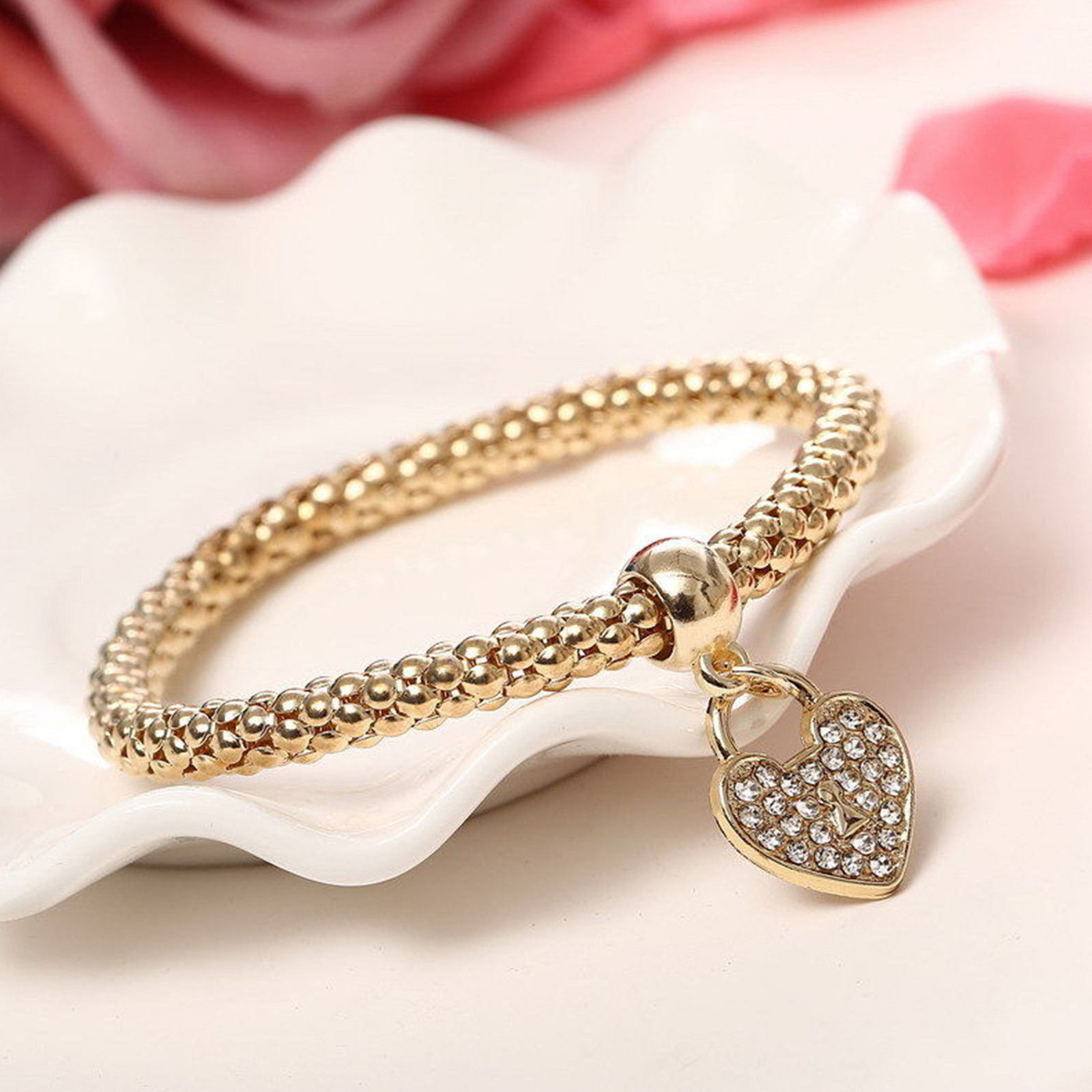 Women’s Fashion Jewelry 3 Piece Silver Rose Gold Heart Bangle Bracelet 53-2