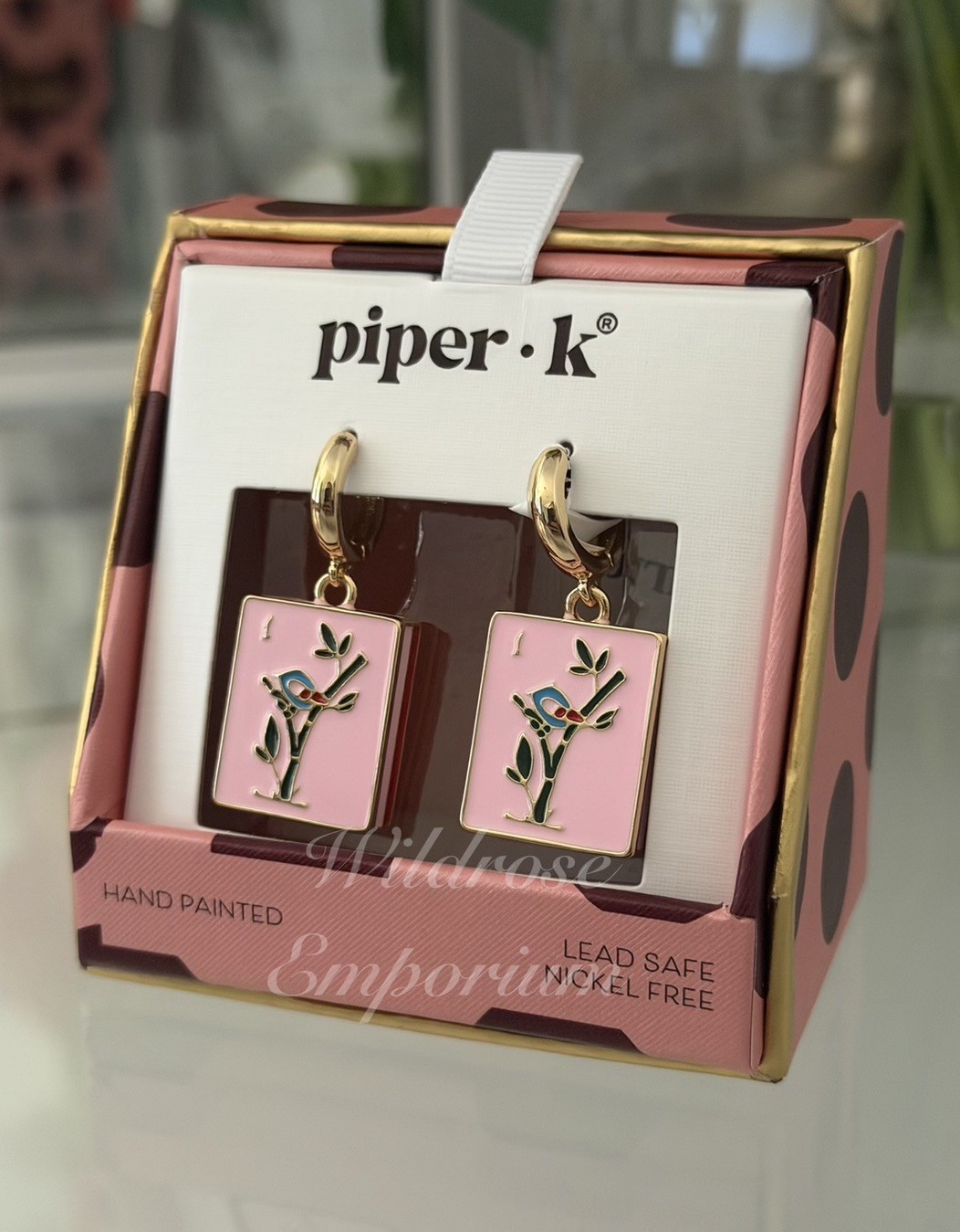 Piper K whimsical pink mahjong game tile motif enamel Huggie hoop earrings