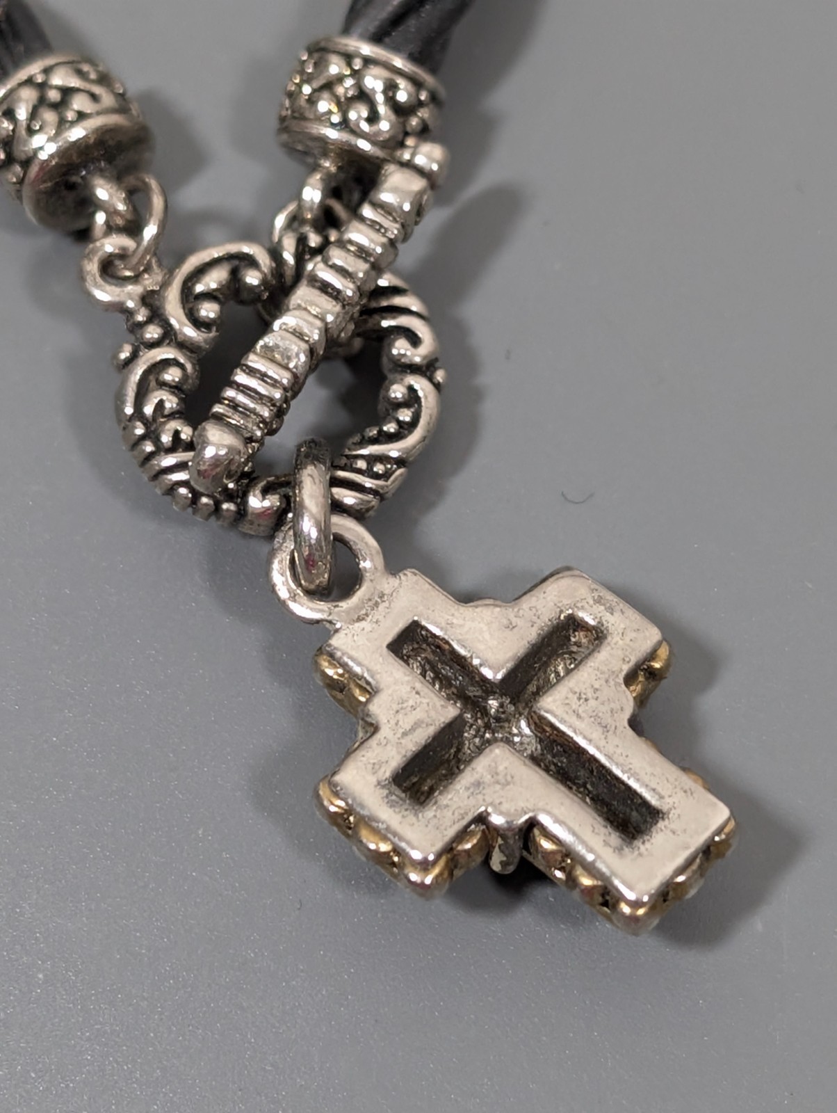 Black Multi Cord Two Tone Bali Style Cross Charm Toggle Bracelet 6.5 inch