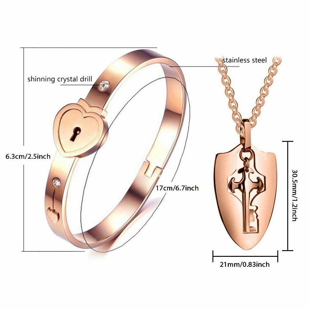Couple Stainless Steel Love Heart Lock Bracelet with Key Pendant Necklace Set