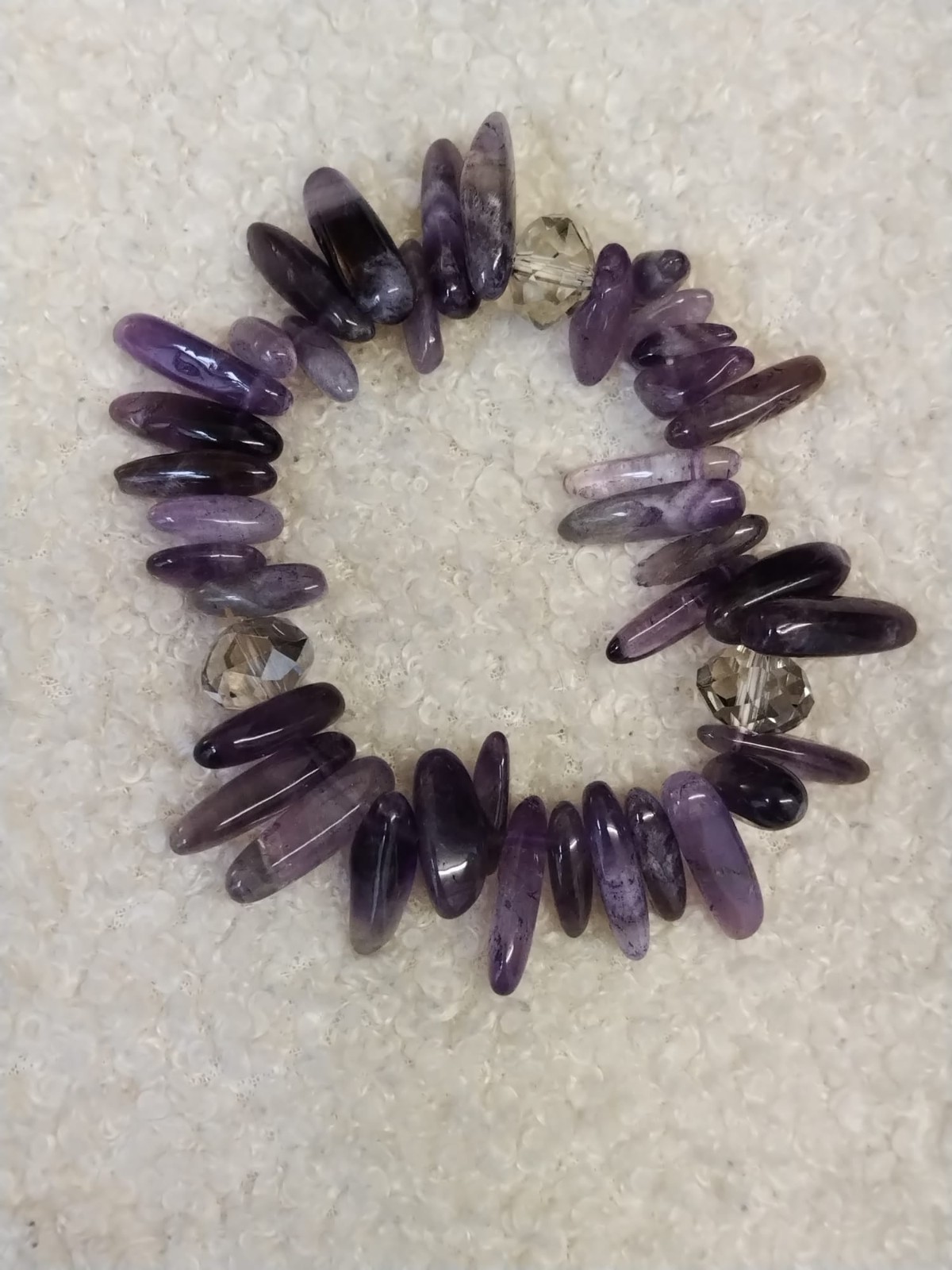 Purple Polished Gemstone, Clear Facted Glass Beaded Elasticated Bracelet