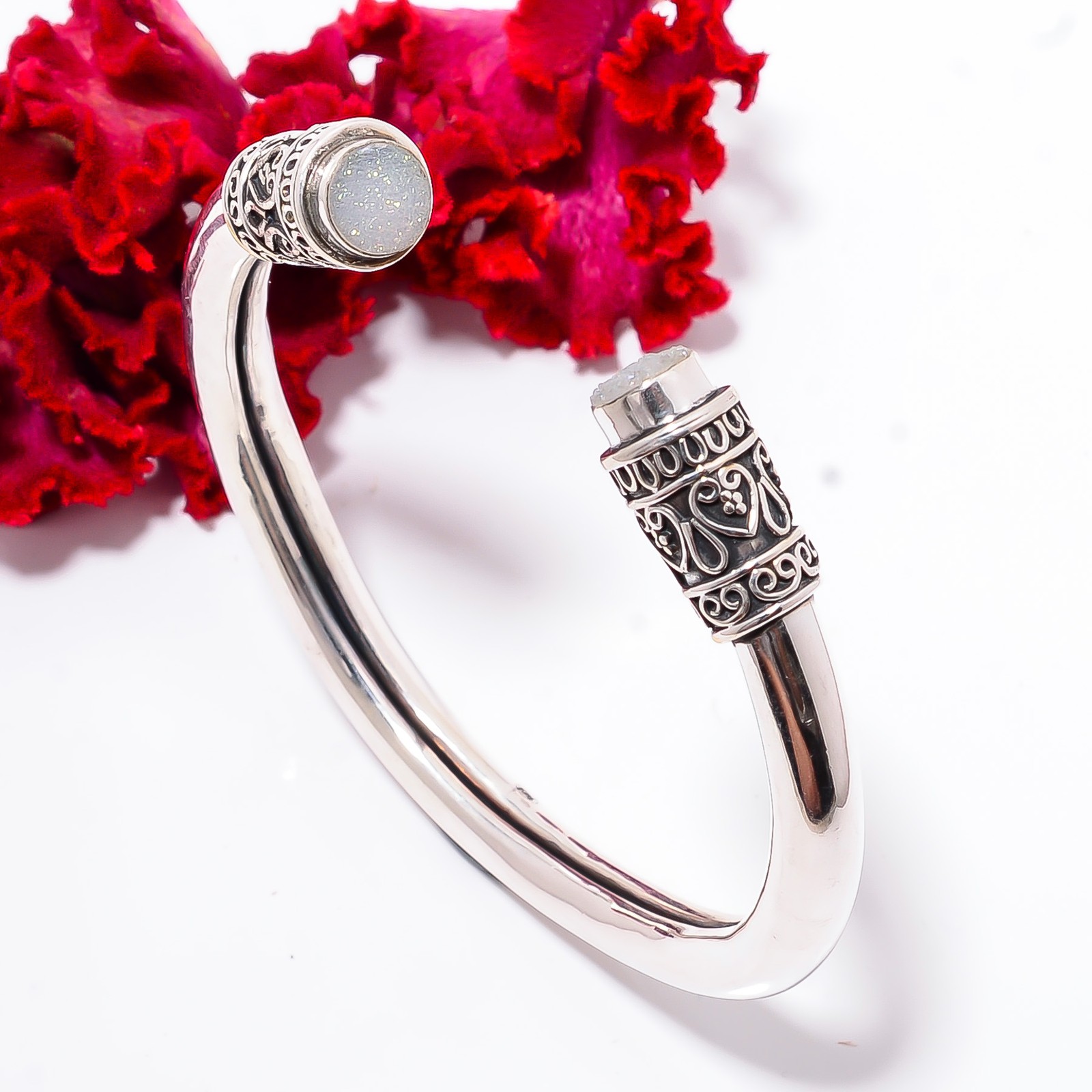 Snow White Titanium Agate Drusy 925 Sterling Silver Bali Cuff|C1000394134