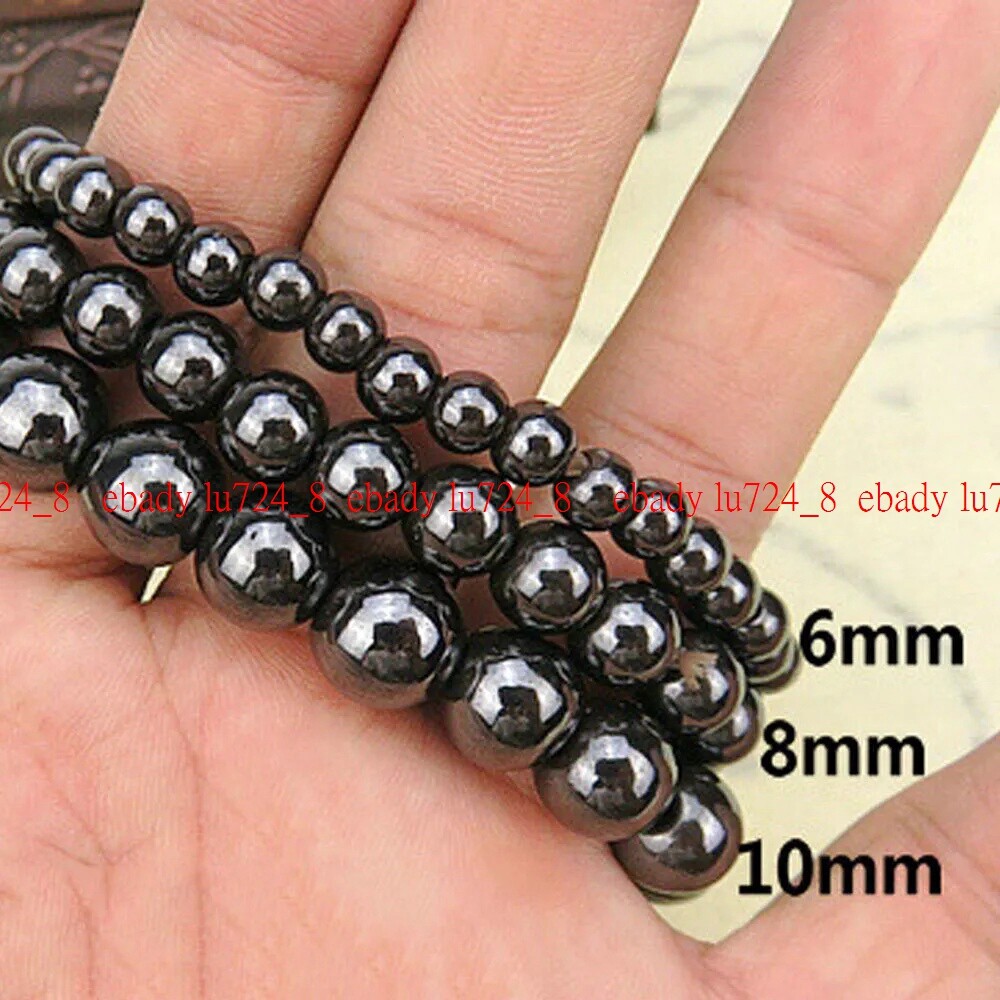 Natural Beautiful 6/8/10mm Black Hematite Gemstone Round Beads Bracelet 7.5″