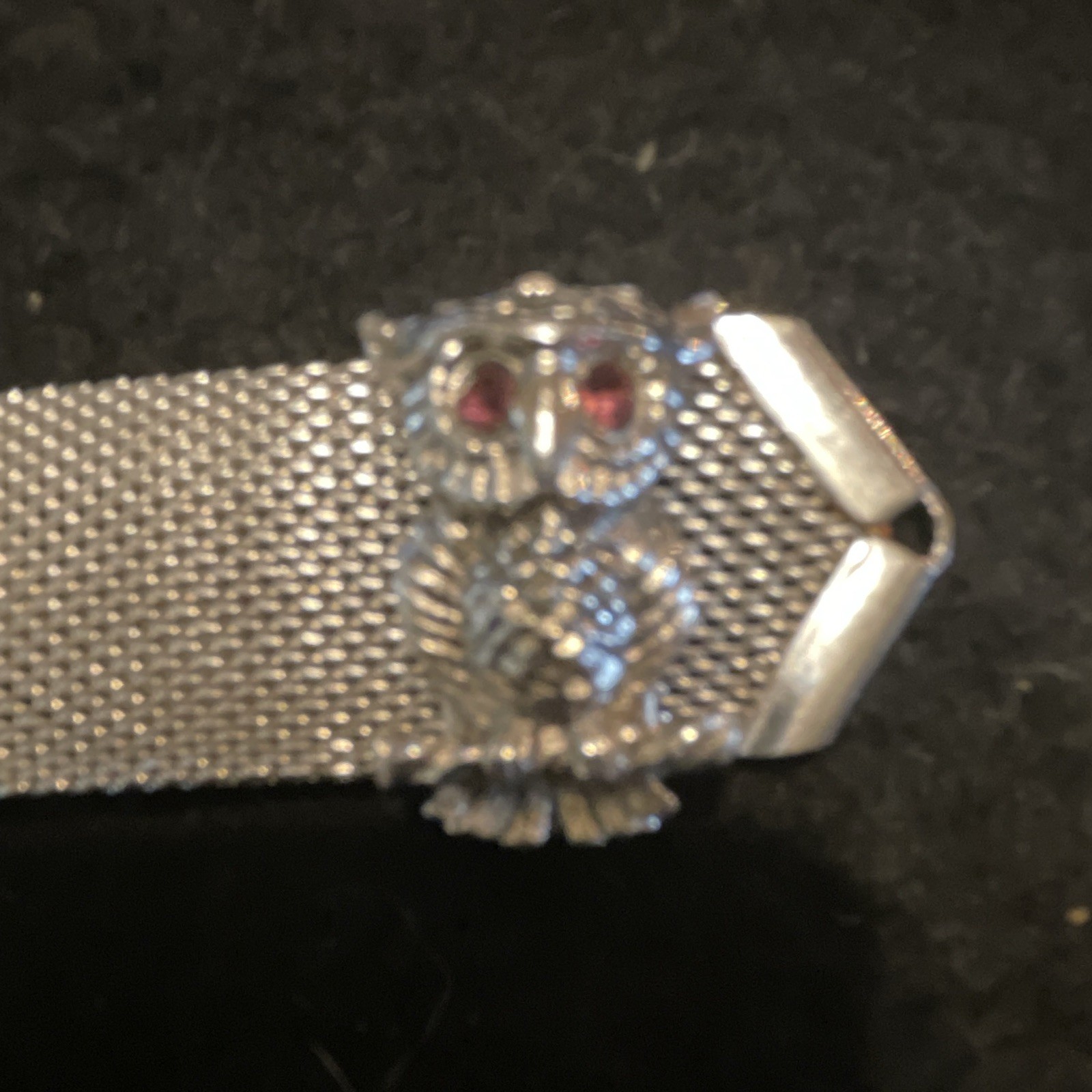 Sarah Coventry Silver Tone Mesh Slide Bracelet Owl Charm & purple Crystal Eyes