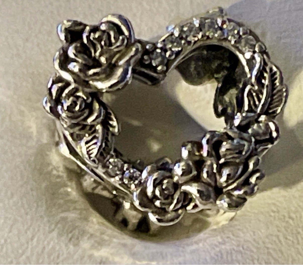 PANDORA Sterling Silver CZ Open Heart & Rose Flowers Charm Bead S925 ALE