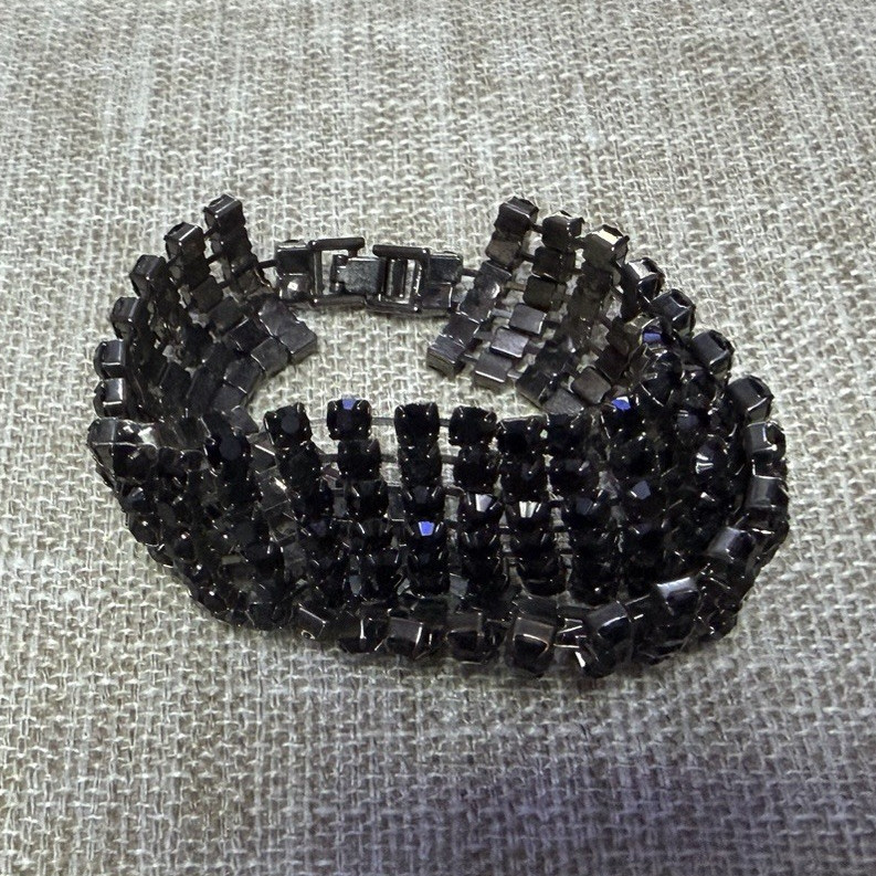 Black Rhinestone Chain Bracelet, Square-Cut Black Stones, Rhinestone Material