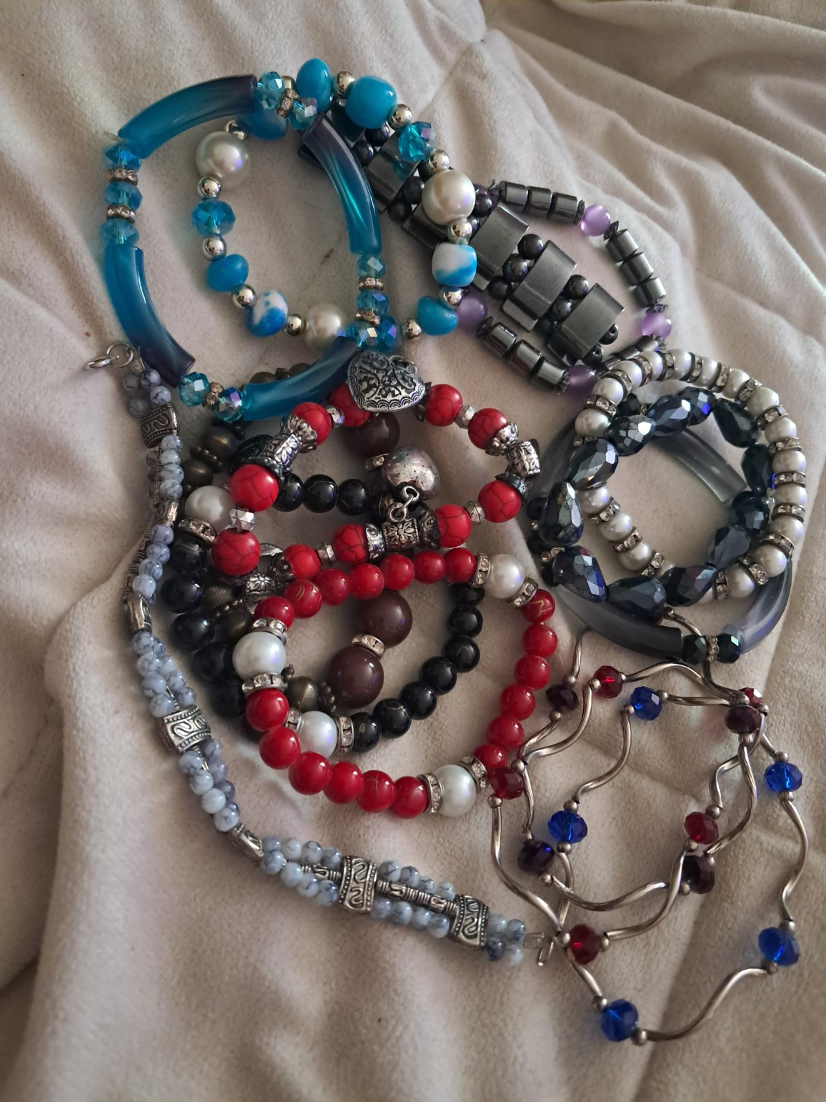 15 Pcs Stone & Glass Bead Bracelet Bulk Elastic Set for Women Daily Wear Gift