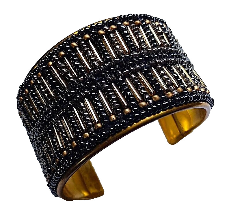 Cuff Bracelet, Gold and Gray Glass Beads, Flexing Frame, Fits Wrists 6.5 – 8″