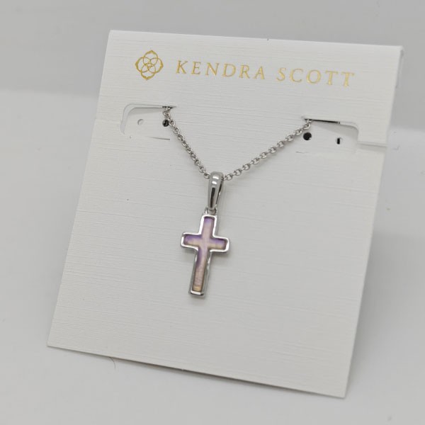 New Kendra Scott Cross Silver Pendant Necklace in Pink Dichroic Glass