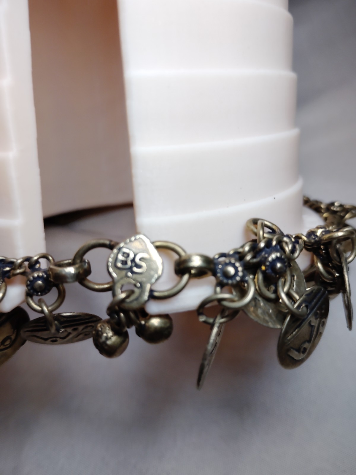 Signed Silver Tone Heart Dangle Coin Disc Charm Link Anklet 7.75″
