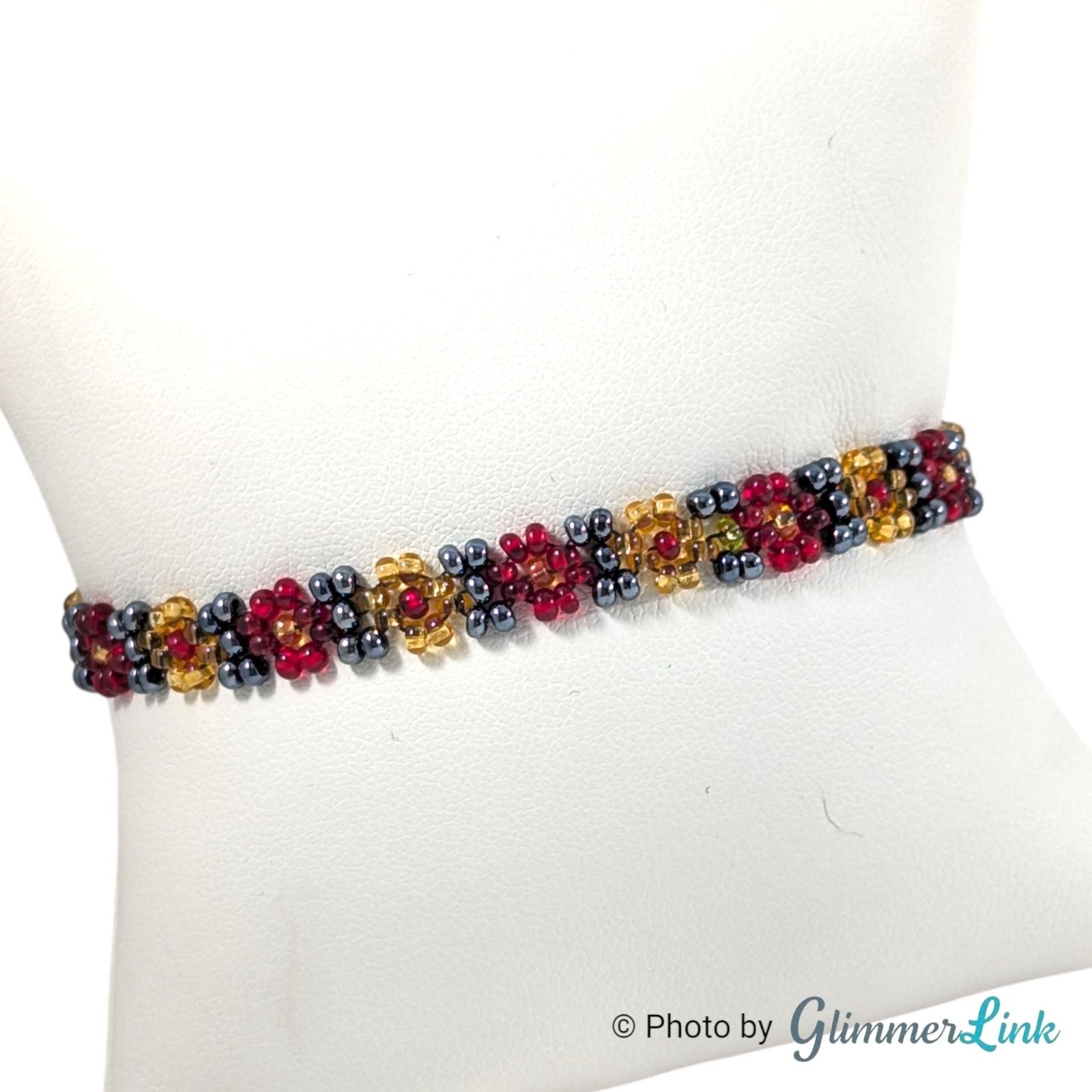 Seed Bead Floral Bracelet Red Yellow Blue Adjustable