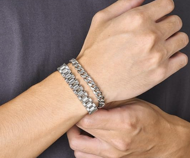 VNOX 2 Pcs Stainless Steel Cuban Link Chain Bracelets for Men and Women 6.5”