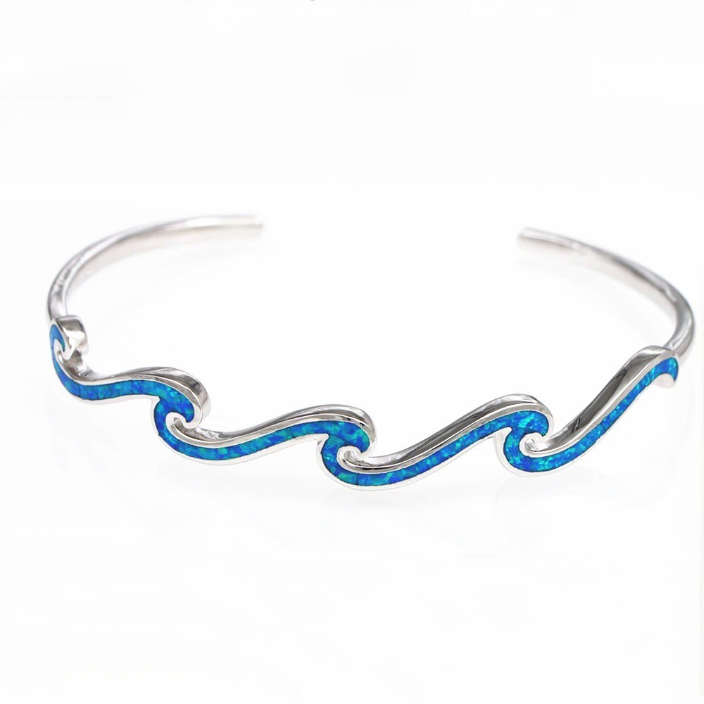 Blue Opal MultilayWaves Cuff Bangles 925 Sterling Sliver Jewelry For Women Girls