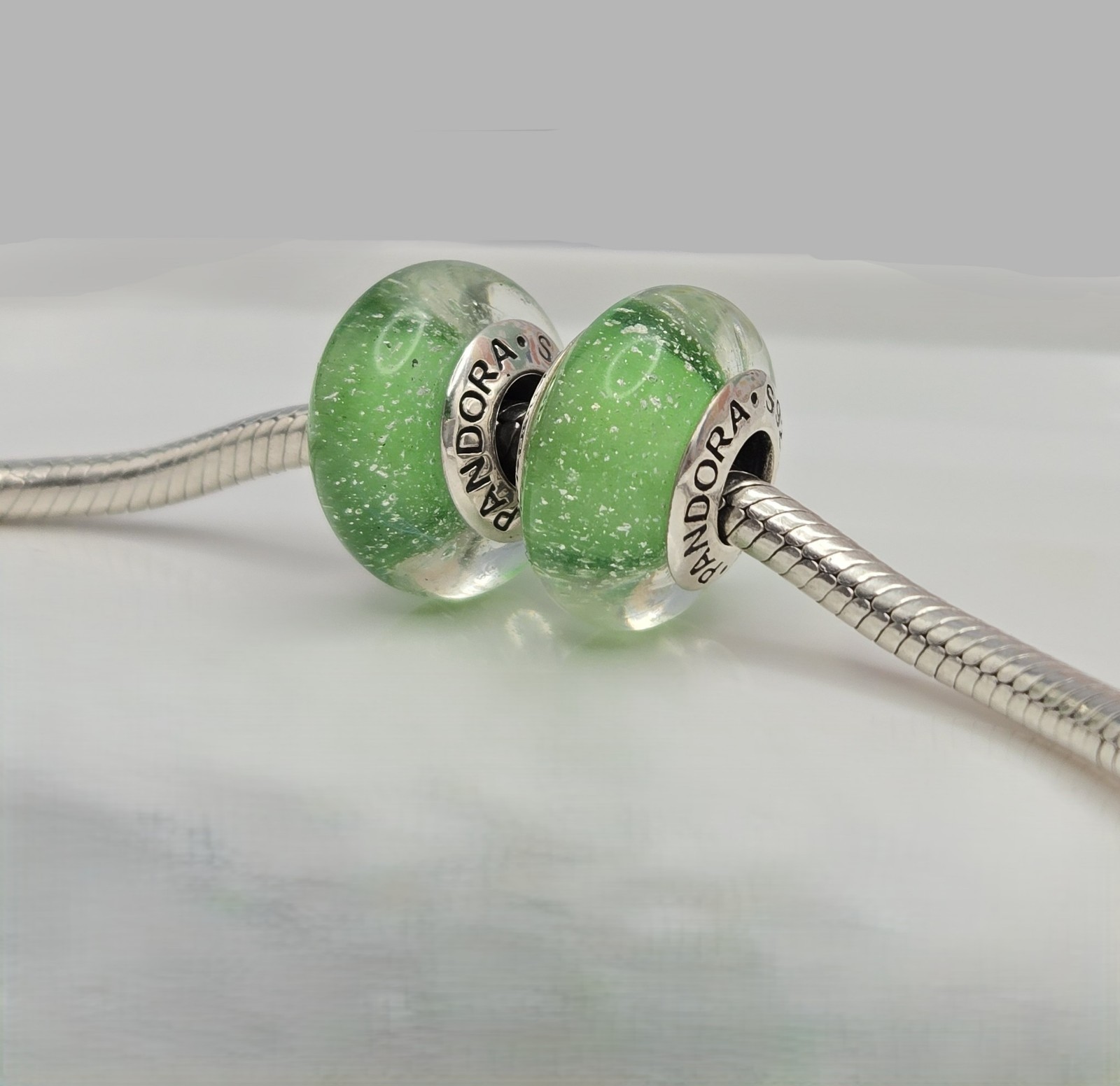 Authentic Pandora Pair of Disney Green Tinkerbell Charms Murano Glass