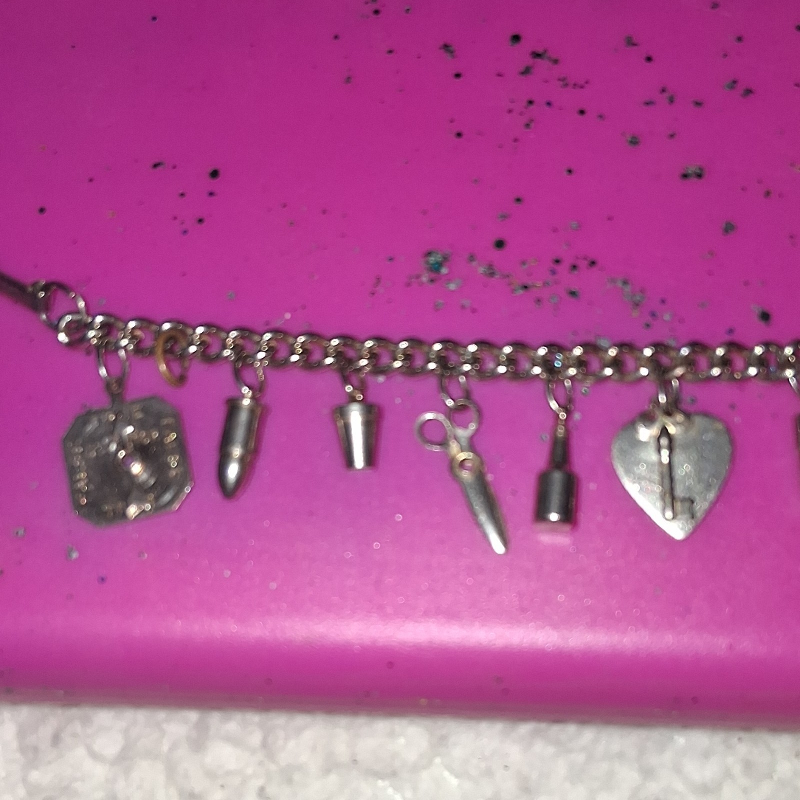 Antique charm bracelet, Silver Tone , Lobster Clasp, Dangle Charms Metal