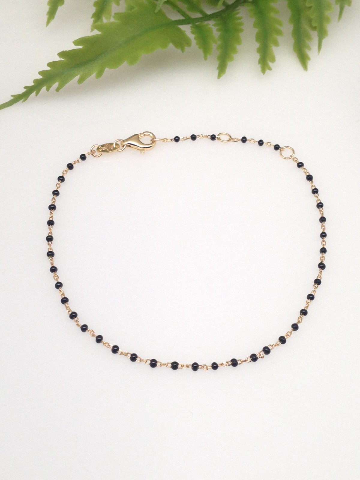 925 Sterling Silver Gold Black Bead Beaded Bracelet Dainty Bead 1mm 6.5-7.75″