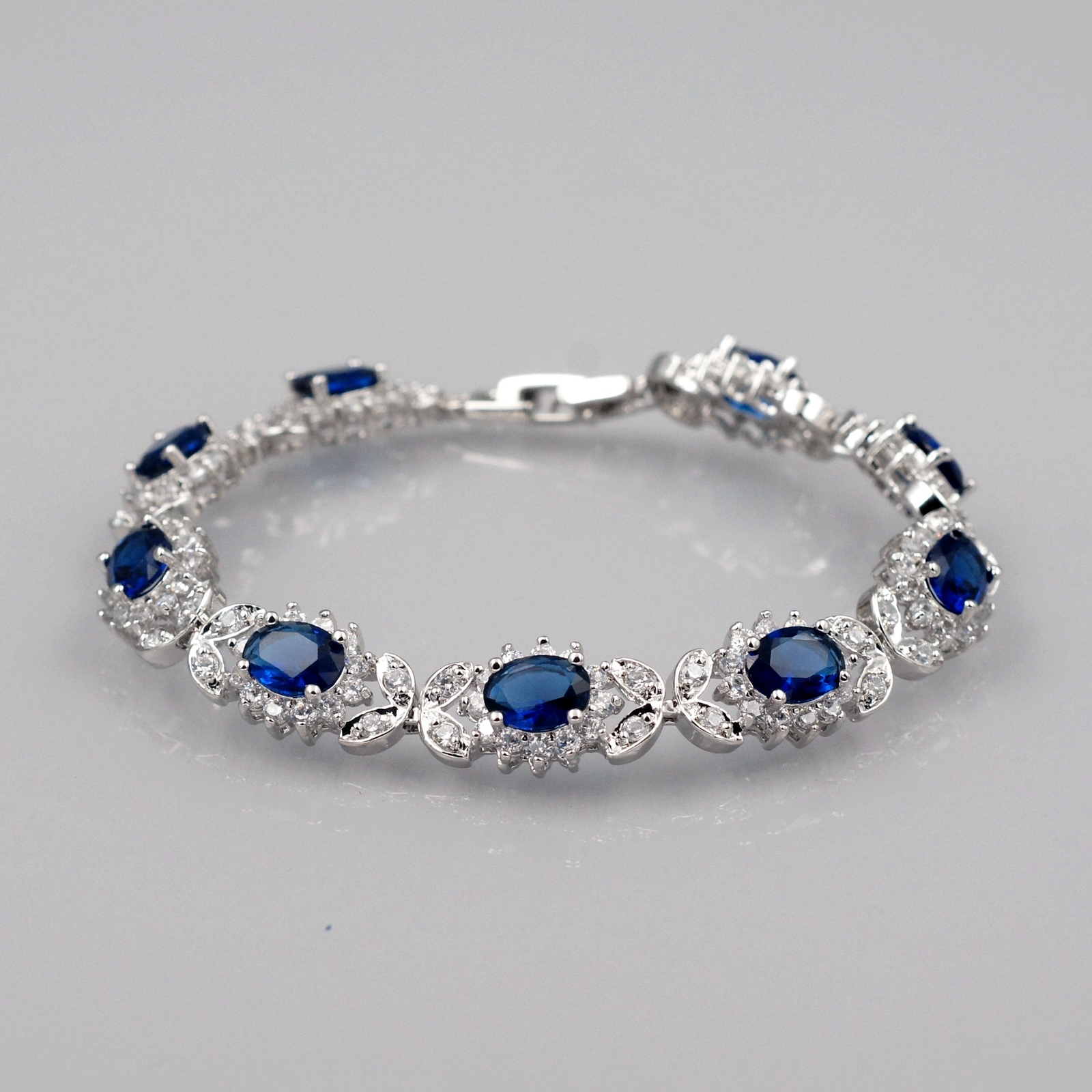 Women Blue Cubic Zirconia Tennis Bracelet White Gold Plated Elegant Jewelry 6336